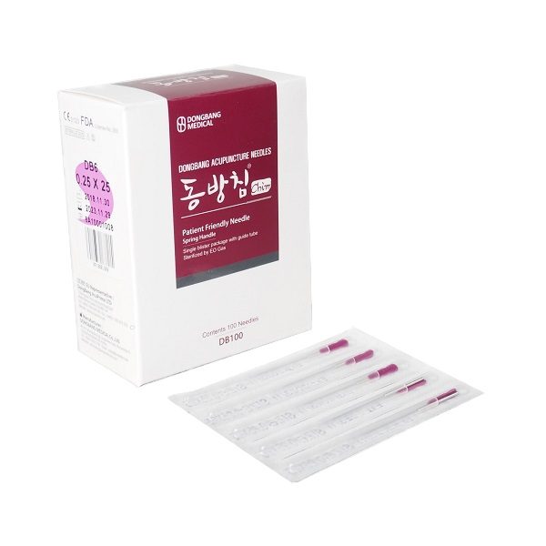 Akupunktúrne ihly DONG BANG s oceľovou rukoväťou a vodidlom, 100 ks - 0,25 x 25 mm